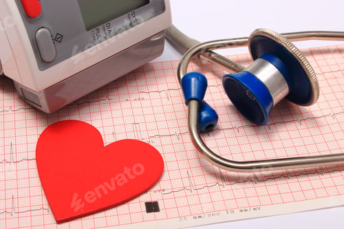 Preview: Medical Stethoscope, Instrument For Measuring Blood Pressure And Red Heart Shape On