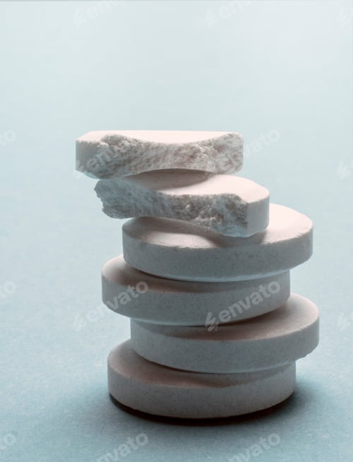 Preview: A Stack Of Six White Tablets, Top Two Broken In Half
