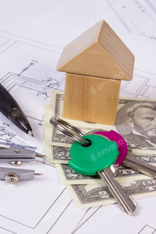 Preview: House Shape Made Of Wooden Blocks, Home Keys, Accessories For Drawing And Currencies Dollar On