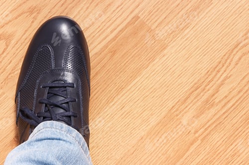 Preview: Navy Blue Comfortable Leather Shoe For Men On Wooden Background, Copy Space For Inscription