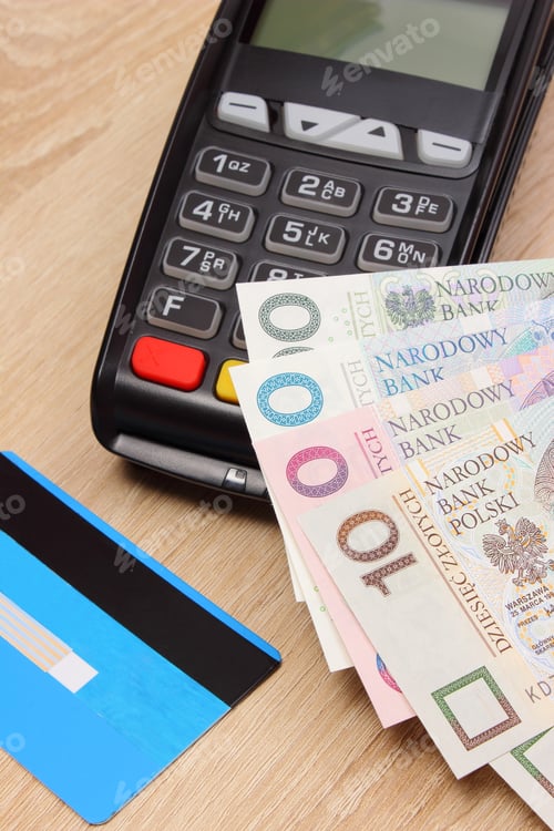 Preview: Polish Currency Money And Credit Card With Payment Terminal In Background, Credit Card Reader