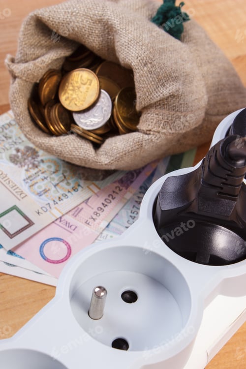 Preview: Electrical Power Strip With Connected Plug And Polish Currency Money On Wooden Floor, Power Board