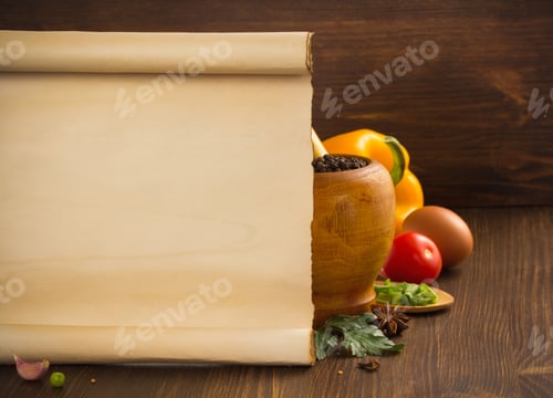 Preview: Food Spice And Old Paper On Wooden Background