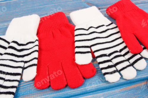Preview: Red And Striped Womanly Gloves For Autumn Or Winter, Warm Clothing Concept