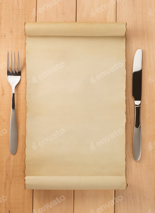 Preview: Parchment And Fork With Knife On Wooden Background