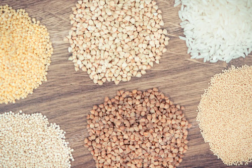 Preview: Vintage Photo, Heap Of White Rice And Various Groats On Rustic Board, Concept Of Healthy, Gluten