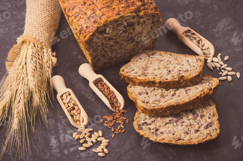 Preview: Vintage Photo. Loaf Of Fresh Baked Wholegrain Bread For Breakfast, Ingredients For Baking And Ears