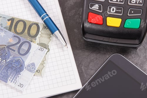 Preview: Credit Card Reader, Mobile Phone With Nfc Technology For Cashless Payment Transaction, Notepad For