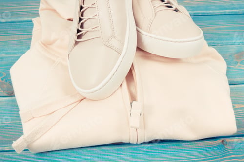 Preview: Vintage Photo, Womanly Clothing And Accessories On Old Boards, Pink Leather Shoes And Sweatshirt