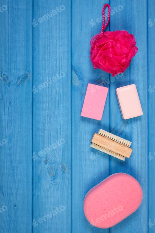 Preview: Cosmetics And Accessories For Personal Hygiene In Bathroom, Soap, Sponge, Bath Puff, Brush, Pumice