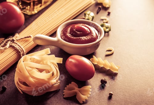 Preview: Pasta And Food Ingredient On Dark Background