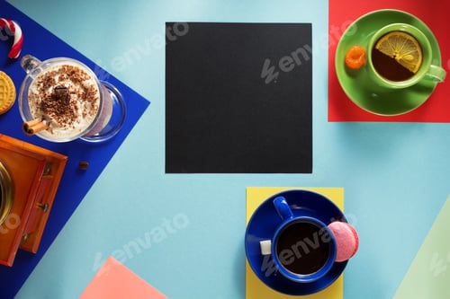 Preview: Cup Of Coffee And Ingredients At Colorful Background