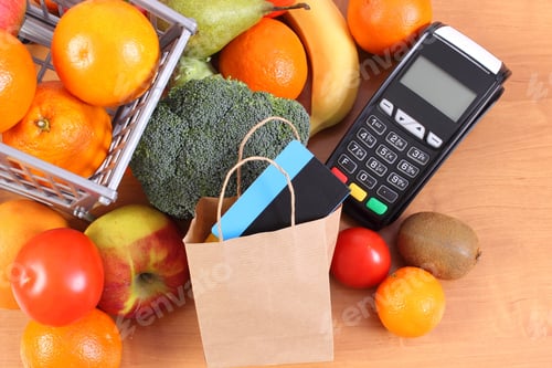 Preview: Payment Terminal, Contactless Credit Card With Paper Shopping Bag, Fresh Fruits And Vegetables With