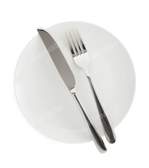 Preview: Plate, Knife And Fork Isolated On White Background