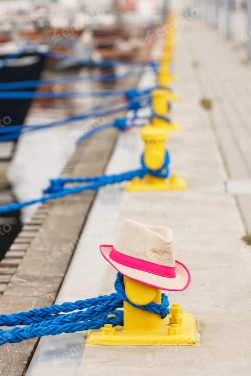 Preview: Straw Hat In Port With Yacht In Background, Travel And Vacation Time, Sun Protection On Summer Time