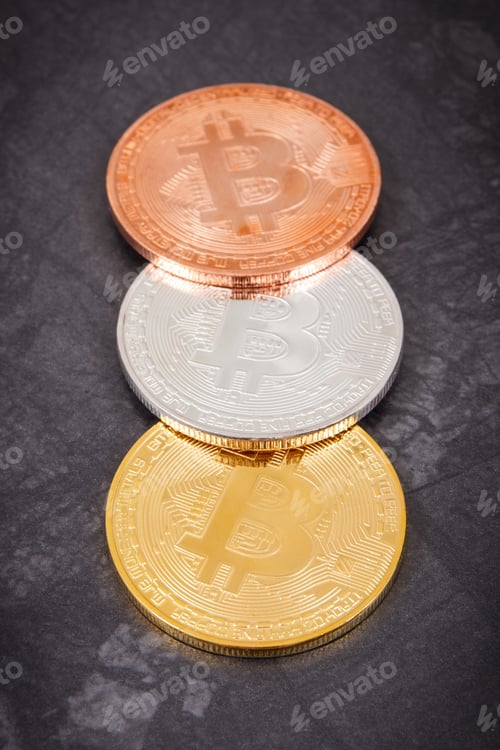 Preview: Bitcoins As Symbol Of Electronic Virtual Money, Cryptocurrency Coin On Dark Background, Concept Of