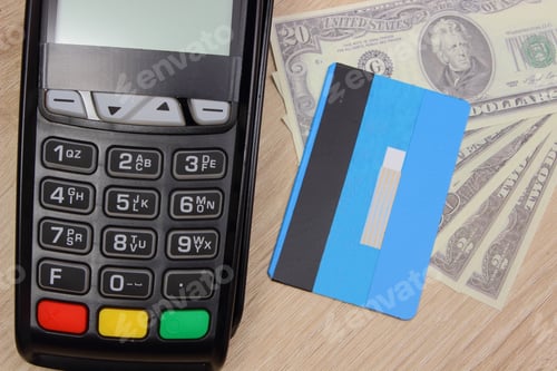 Preview: Payment Terminal With Credit Card And Money On Wooden Desk, Credit Card Reader, Paying Using Credit