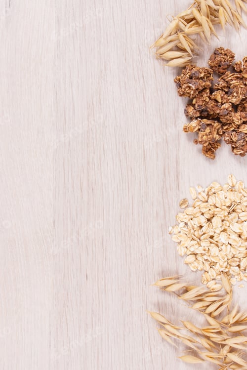 Preview: Granola And Oat Flakes As Source Iron And Fiber, Healthy Snack Or Dessert Concept, Place For Text