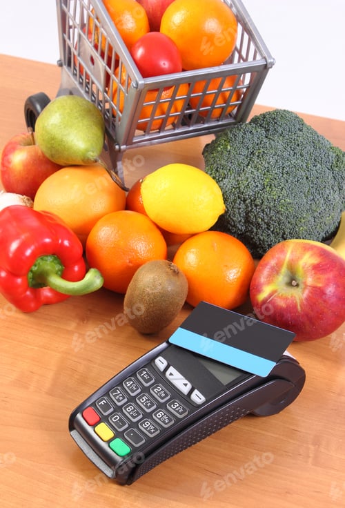 Preview: Payment Terminal, Credit Card Reader With Contactless Credit Card And Fresh Fruits And Vegetables