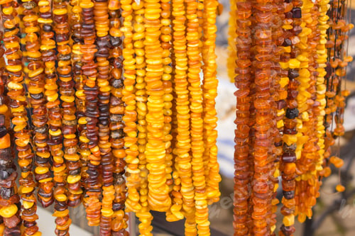 Preview: Orange Shiny Amber Necklace, Shopping Jewelry And Womanly Accessories On Stall At The Bazaar