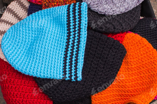 Preview: Collection Of Handmade Caps For Winter On Stall At The Bazaar, Head Protection