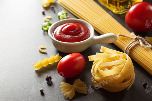 Preview: Pasta And Food Ingredient On Dark Background