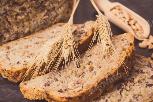Preview: Vintage Photo. Fresh Baked Wholegrain Bread For Breakfast And Ears Of Rye Or Wheat Grain