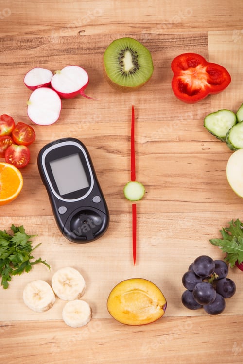 Preview: Glucometer With Clock Made Of Ripe Fruits And Vegetables, Concept Of Healthy Dinner For Diabetics
