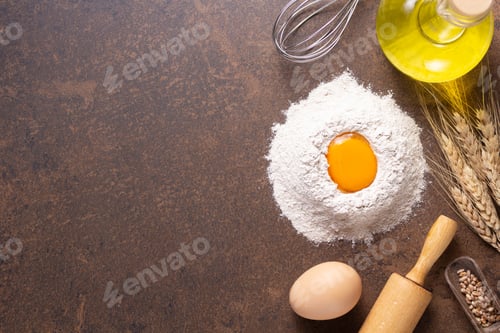 Preview: Bakery Ingredients For Homemade Bread Baking On Table. Flour Food And Egg For Recipe Top View At