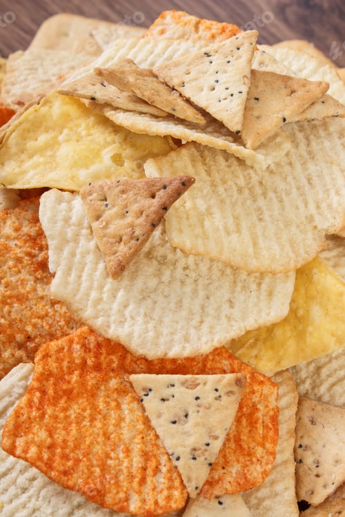 Preview: Heap Of Crunchy Potato Crisps And Cookies On Rustic Board, Concept Of Restriction Eating Unhealthy