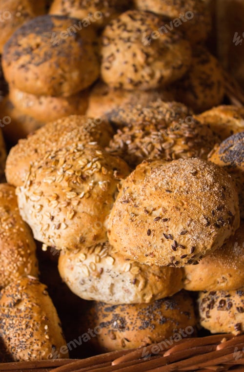 Preview: Heap Of Freshly Baked Traditional Rolls For Sale On Stall At Bazaar