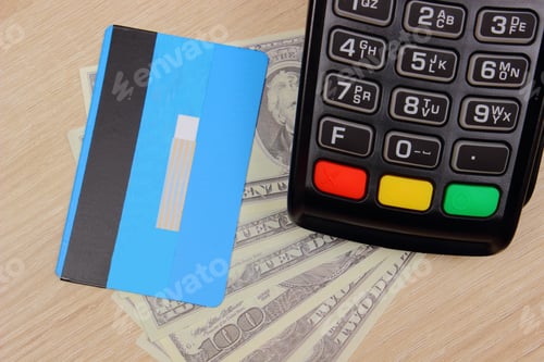 Preview: Payment Terminal With Credit Card And Money On Wooden Desk, Paying Using Credit Card, Finance And