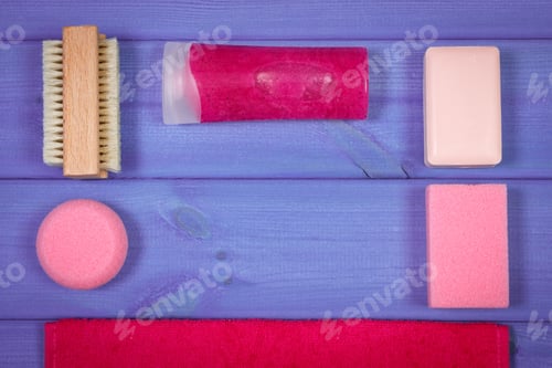 Preview: Cosmetics And Accessories For Personal Hygiene In Bathroom, Soap, Body Scrub, Towel, Brush, Pumice