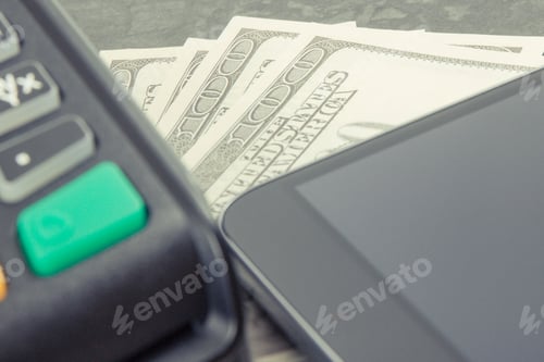 Preview: Payment Terminal, Smartphone With Nfc Technology And Currencies Dollar. Choice Between Cashless Or
