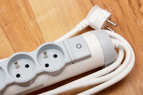 Preview: Electrical Power Strip With Switch On-Off On Wooden Floor, Electrical Extension, Power Board