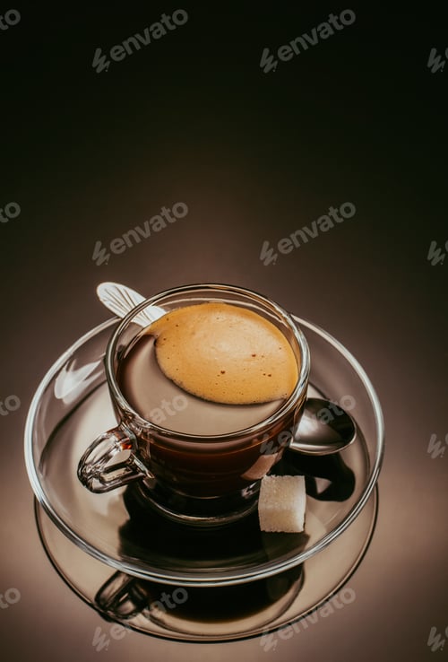 Preview: Coffee In Glass Cup On Black Glossy Background