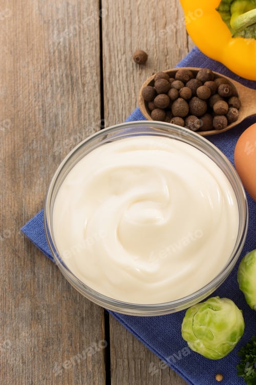 Preview: Mayonnaise Sauce In Bowl On Wooden Background