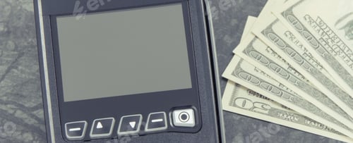 Preview: Payment Terminal, Credit Card Reader And Money. Concept Of Cashless Or Cash Paying For Shopping