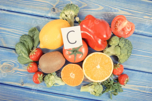Preview: Vintage Photo, Healthy Ripe Fruits And Vegetables Containing Vitamin C, Natural Minerals And