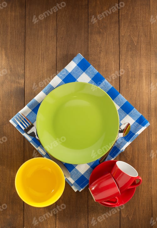Preview: Dishes Set On Wooden Background