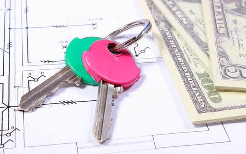 Preview: Heap Of Banknotes And Home Keys Lying On Electrical Construction Drawing Of House, Concept Of