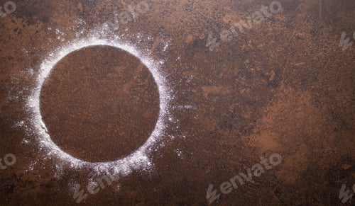 Preview: Scattered Flour Food As Bakery Concept For Homemade Bread Baking On Table. Recipe Panoramic Top