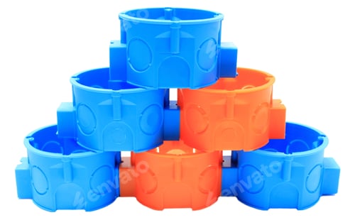 Preview: Stack Of Blue And Orange Plastic Electrical Boxes On White Background, Junction Boxes, Accessories