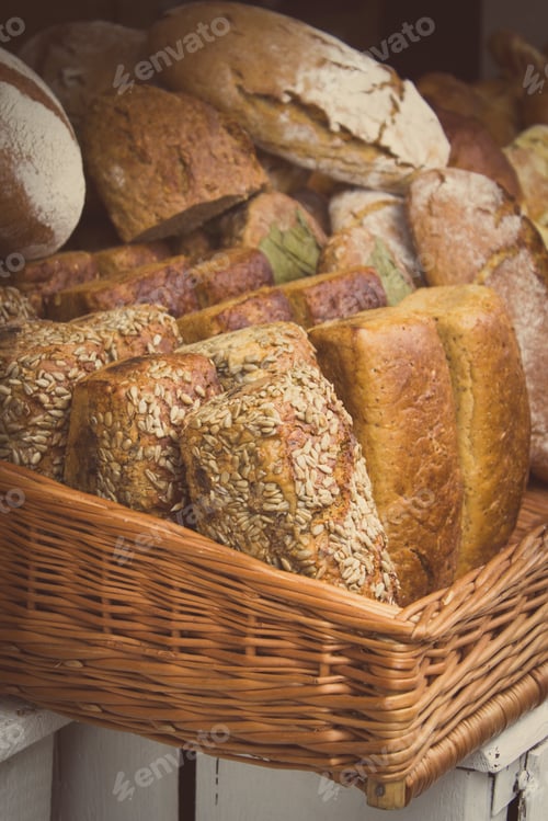 Preview: Vintage Photo, Heap Of Freshly Baked Traditional Loaves Of Rye Bread In Wicker Basket On Stall At