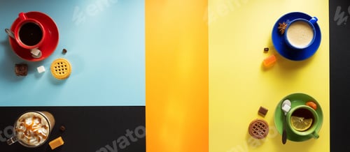 Preview: Cup Of Coffee And Tea At Colorful Background