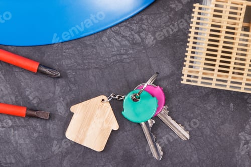 Preview: House Under Construction, Home Keys And Work Tools For Engineering Work. Building Home Concept