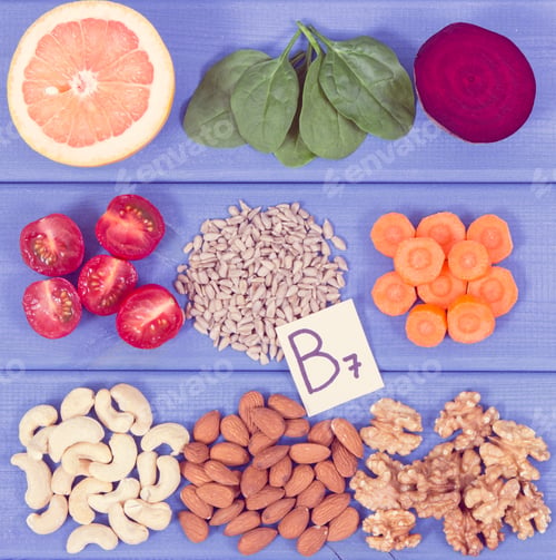 Preview: Vintage Photo, Healthy Products And Ingredients As Source Vitamin B7, Dietary Fiber And Natural