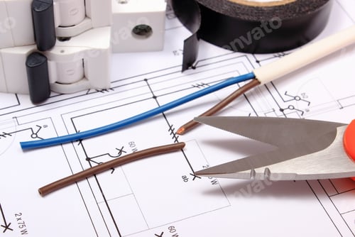 Preview: Cable Cutter, Electric Wire And Fuse, Insulating Tape Lying On Construction Drawing Of House
