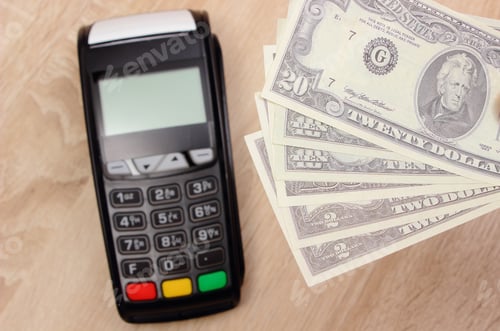 Preview: Currencies Dollar And Credit Card Reader, Payment Terminal, Finance And Banking Concept