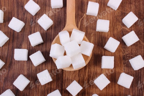 Preview: Wooden Spoon With Cubes Of Sugar On Wooden Background, Ingredient For Cooking Or Baking